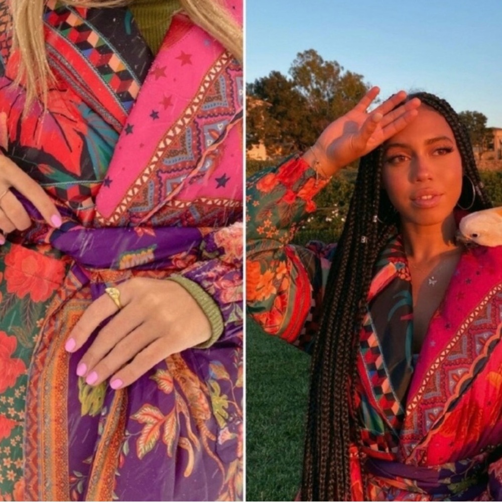 Farm Rio Mixed Scarves Kimono Puffer Jacket in Multi - Picture 7 of 10